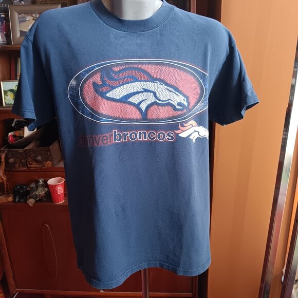 Denver Broncos Logo 7 Navy Graphic T-Shirt Large 100% Cotton Vintage - Picture 1 of 6